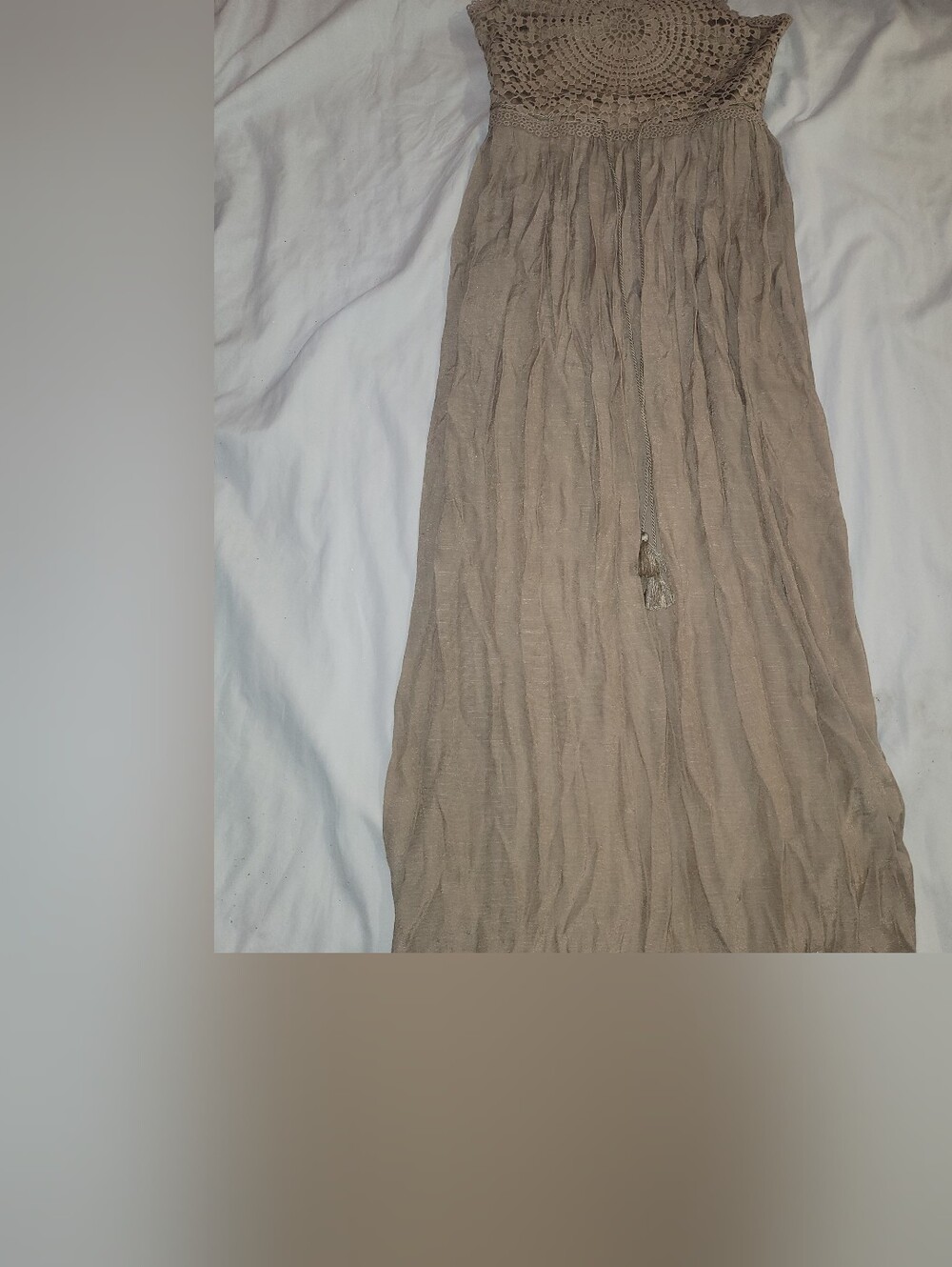Rebellion Taupe Crinkle Maxi Skirt with Tassel Waist